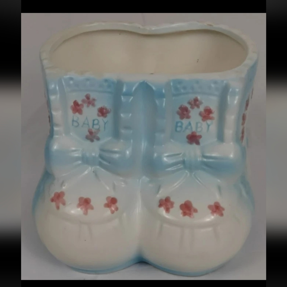 Vintage Ceramic Baby Booties Planter Blue White Pink Floral Nursery Decor